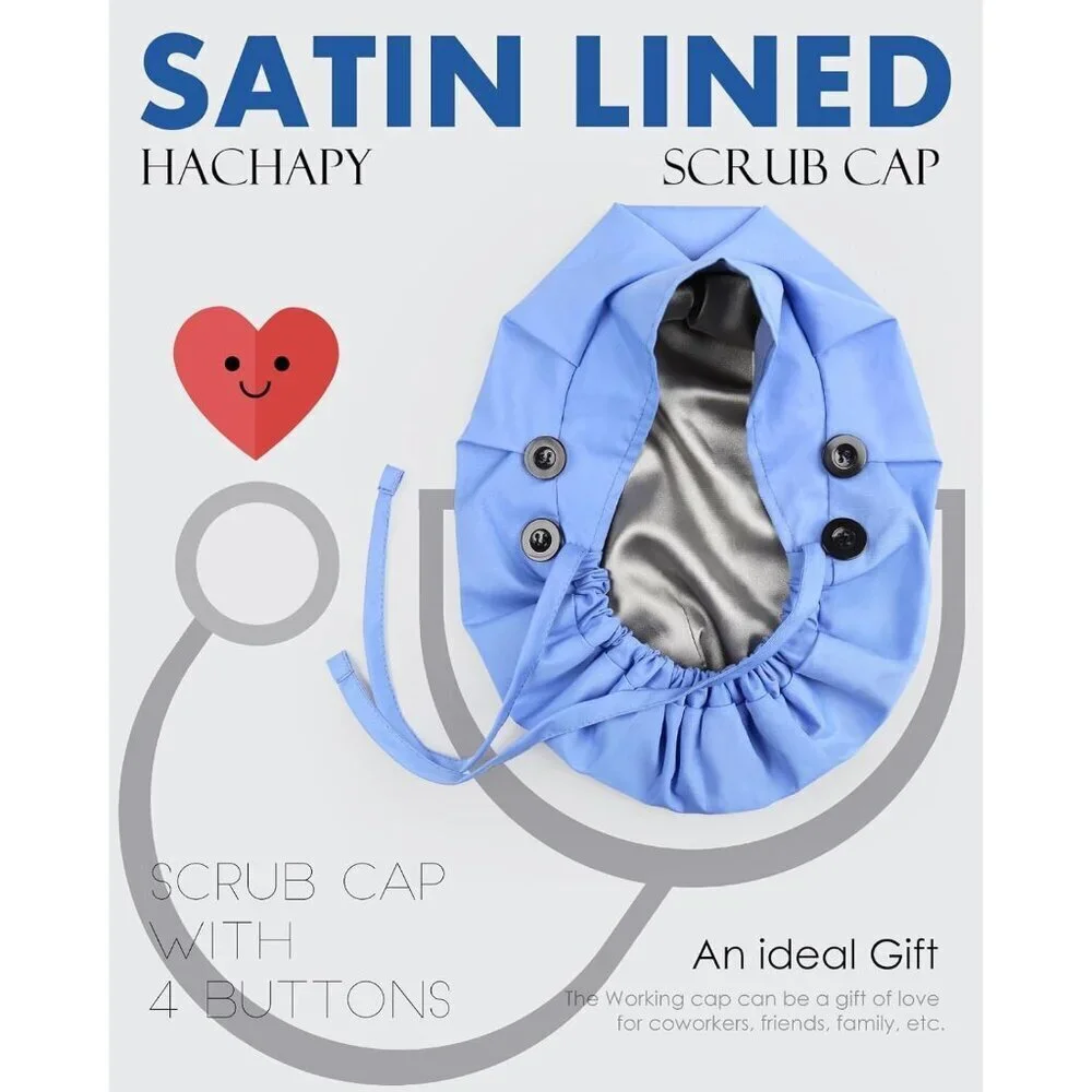 Satin Lined Scrub Cap Women Ponytail Cotton Surgical Nurse Cap 4 Buttons